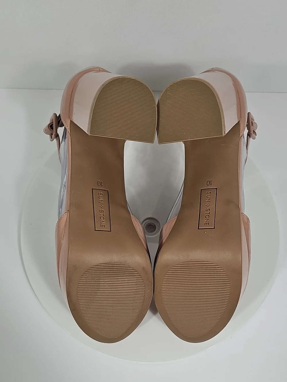 Sun + Stone Birdey Nude Patent Platform Block Heel Pumps Ankle Strap 10